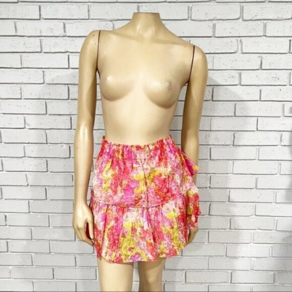 Loveshackfancy Ruffle Pintuck Lace Mini Skirt Size Xl Pink Yellow Nwt